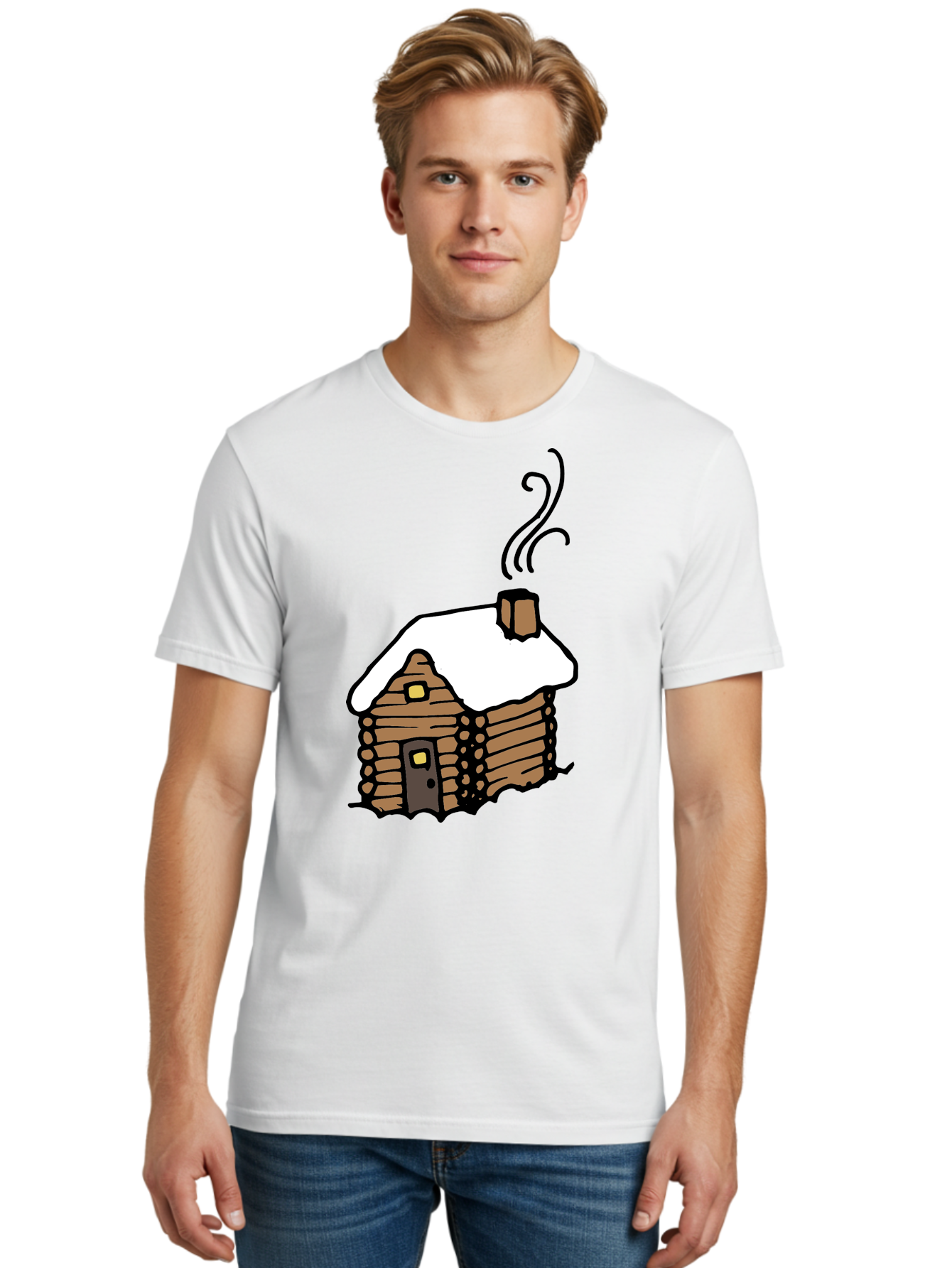 Log-Cabin Men'S Graphic Tee, 100% Cotton, Comfortable Casual Summer Wear, Machine Washable, Cozy Log Cabin, Snow-Covered Roof, Warm Fireplace, Snowy Landscape, Winter Wonderland, Rustic Charm, Cabin In The Woods -  Aaa972