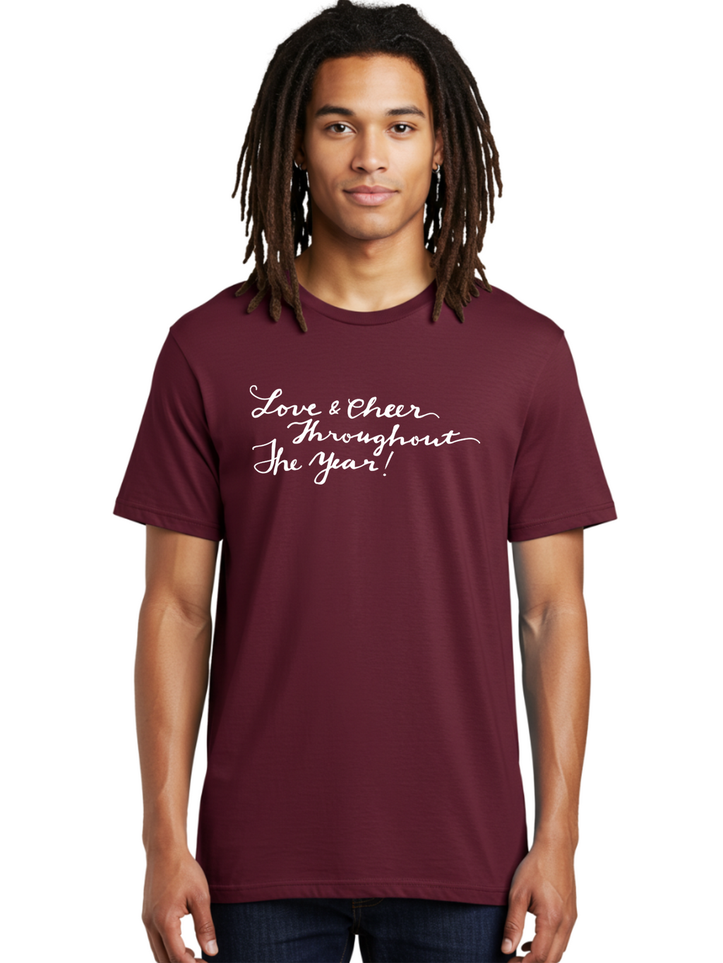 Love-Cheer-Throughout-The-Year Men'S Graphic Tee, 100% Cotton, Comfortable Casual Summer Wear, Machine Washable, Love & Cheer, Inspirational Quote, Motivational Message, Festive Greeting, Joyful Sentiment, Cursive Script, Positive Vibes, -  Aaa974