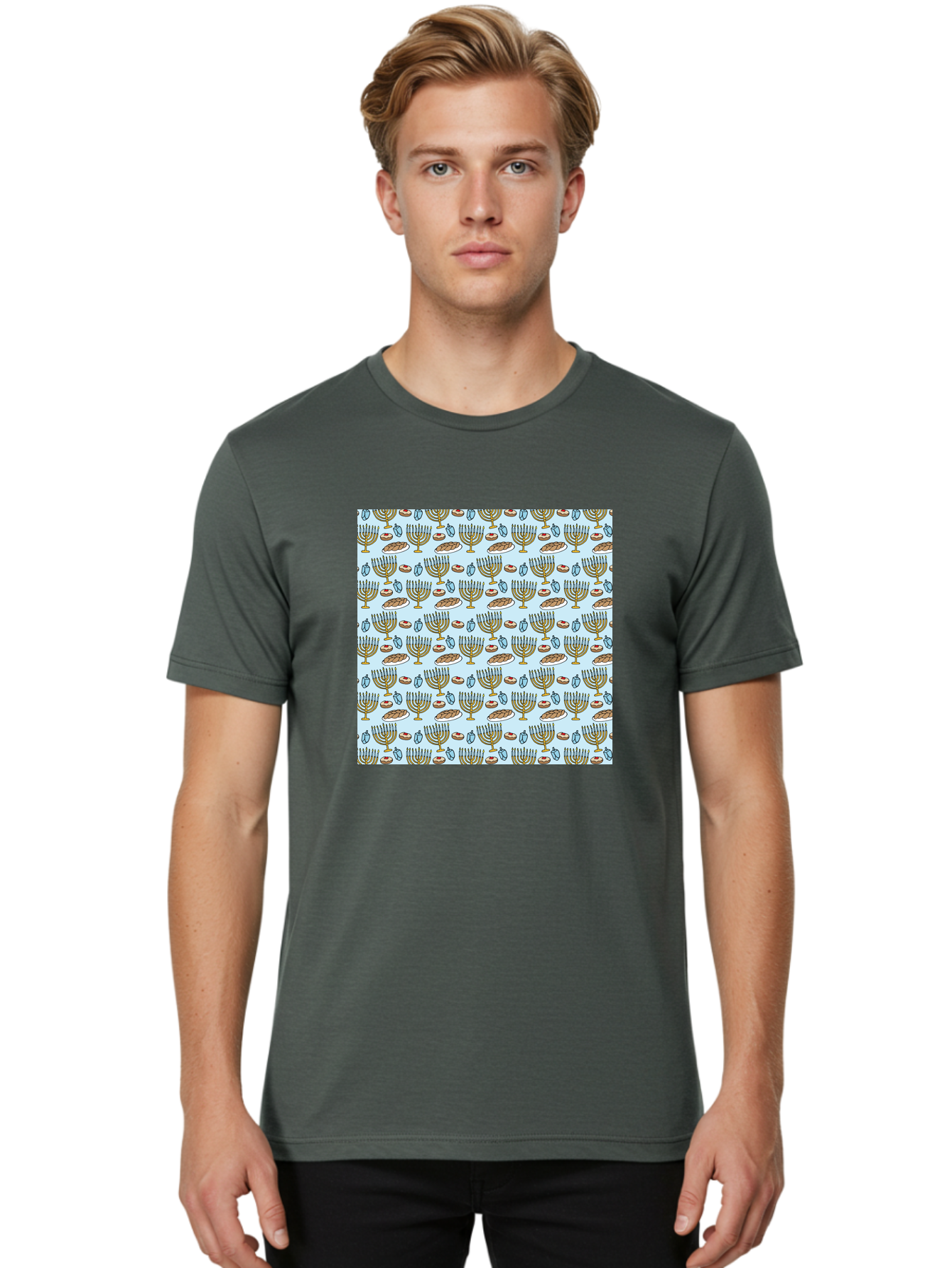 Menorah-Pattern Men'S Graphic Tee, 100% Cotton, Comfortable Casual Summer Wear, Machine Washable, Menorah, Hanukkah Symbols, Jewish Traditions, Festive Decorations, Traditional Jewish Symbols, Menorah Pattern, Hanukkah Decorations -  Aaa976