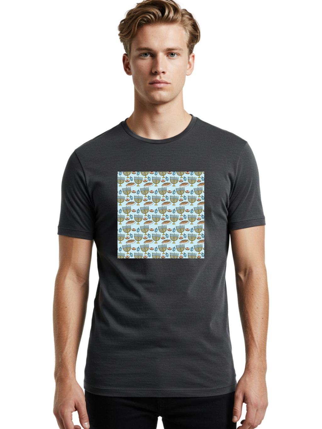 Menorah-Pattern Men'S Graphic Tee, 100% Cotton, Comfortable Casual Summer Wear, Machine Washable, Menorah, Hanukkah Symbols, Jewish Traditions, Festive Decorations, Traditional Jewish Symbols, Menorah Pattern, Hanukkah Decorations -  Aaa976