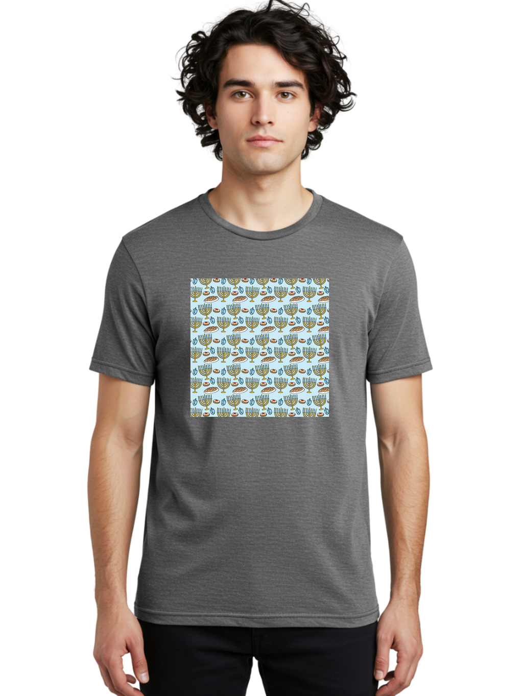 Menorah-Pattern Men'S Graphic Tee, 100% Cotton, Comfortable Casual Summer Wear, Machine Washable, Menorah, Hanukkah Symbols, Jewish Traditions, Festive Decorations, Traditional Jewish Symbols, Menorah Pattern, Hanukkah Decorations -  Aaa976