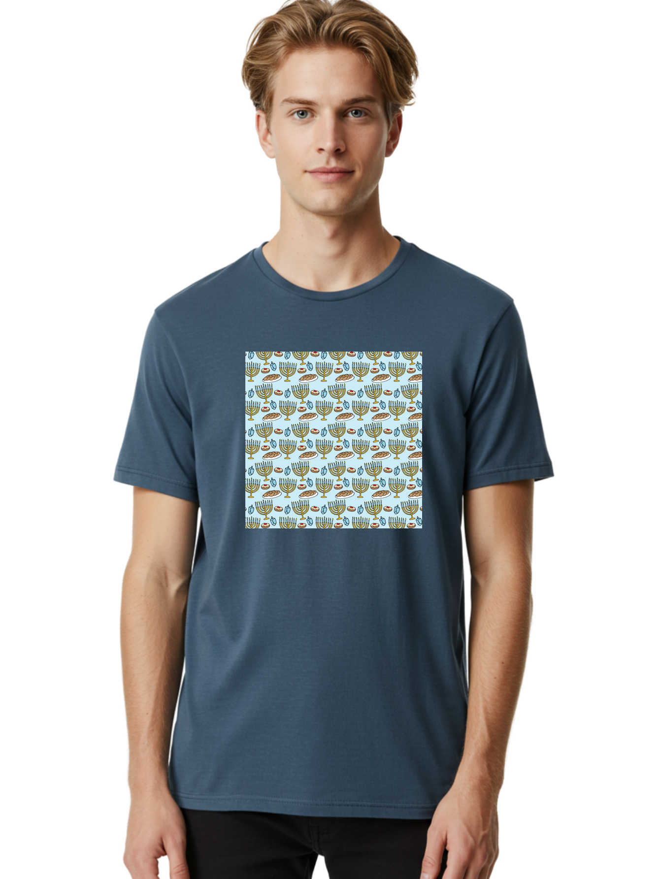 Menorah-Pattern Men'S Graphic Tee, 100% Cotton, Comfortable Casual Summer Wear, Machine Washable, Menorah, Hanukkah Symbols, Jewish Traditions, Festive Decorations, Traditional Jewish Symbols, Menorah Pattern, Hanukkah Decorations -  Aaa976