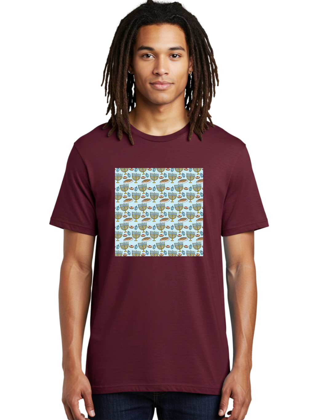 Menorah-Pattern Men'S Graphic Tee, 100% Cotton, Comfortable Casual Summer Wear, Machine Washable, Menorah, Hanukkah Symbols, Jewish Traditions, Festive Decorations, Traditional Jewish Symbols, Menorah Pattern, Hanukkah Decorations -  Aaa976