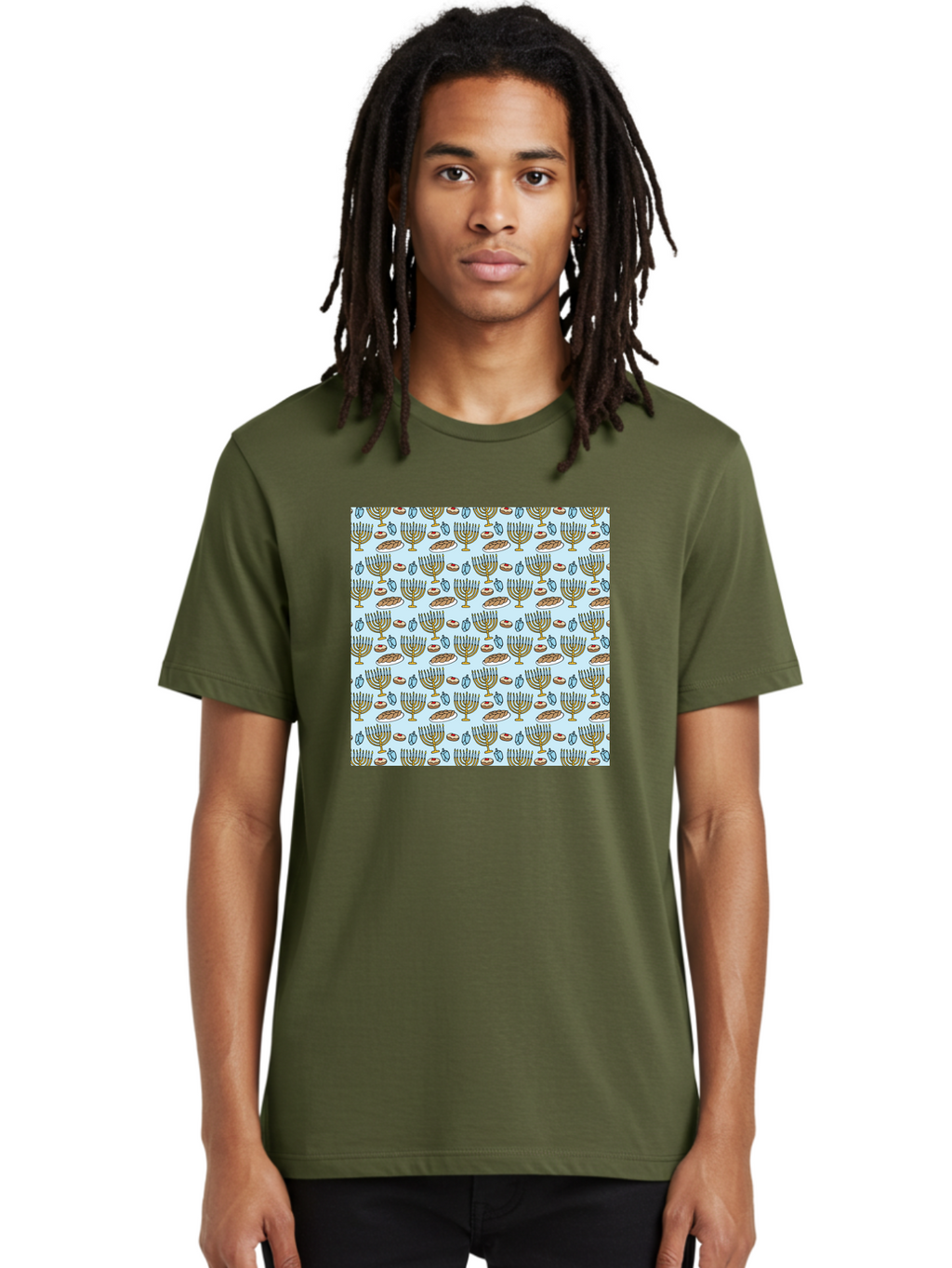 Menorah-Pattern Men'S Graphic Tee, 100% Cotton, Comfortable Casual Summer Wear, Machine Washable, Menorah, Hanukkah Symbols, Jewish Traditions, Festive Decorations, Traditional Jewish Symbols, Menorah Pattern, Hanukkah Decorations -  Aaa976