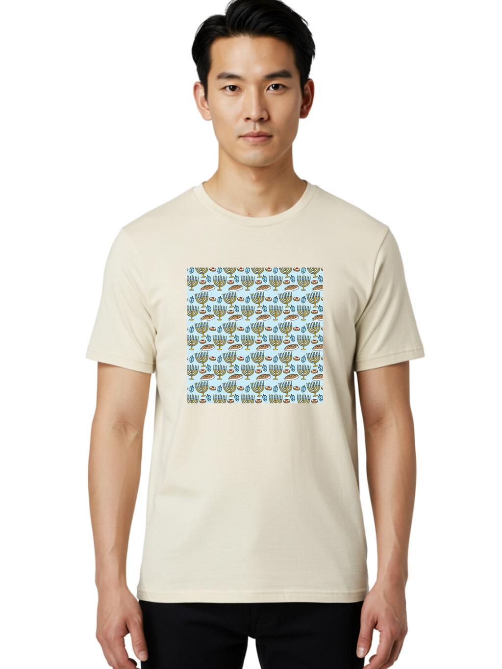 Menorah-Pattern Men'S Graphic Tee, 100% Cotton, Comfortable Casual Summer Wear, Machine Washable, Menorah, Hanukkah Symbols, Jewish Traditions, Festive Decorations, Traditional Jewish Symbols, Menorah Pattern, Hanukkah Decorations -  Aaa976
