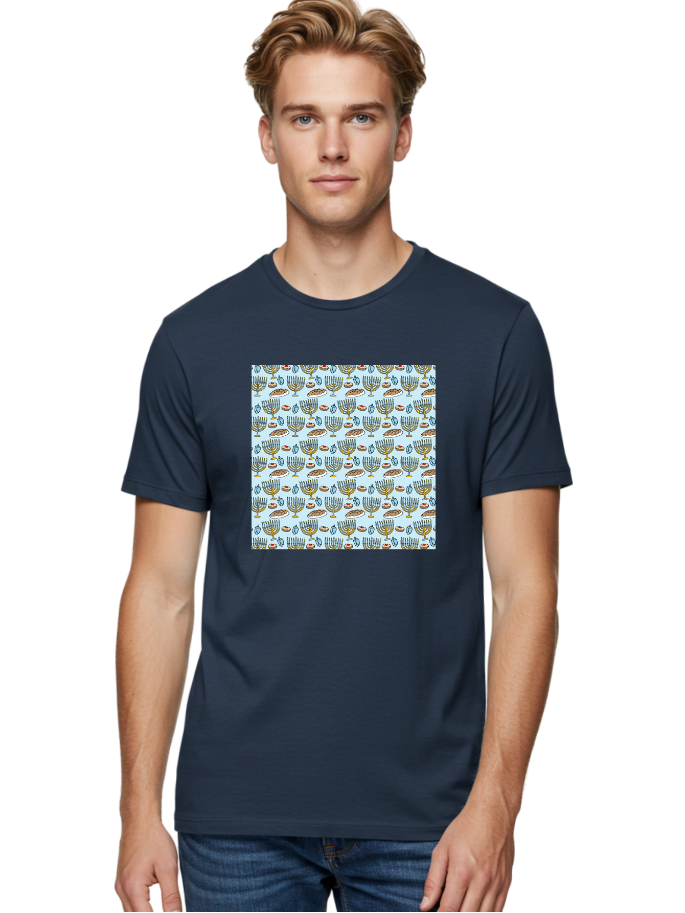 Menorah-Pattern Men'S Graphic Tee, 100% Cotton, Comfortable Casual Summer Wear, Machine Washable, Menorah, Hanukkah Symbols, Jewish Traditions, Festive Decorations, Traditional Jewish Symbols, Menorah Pattern, Hanukkah Decorations -  Aaa976