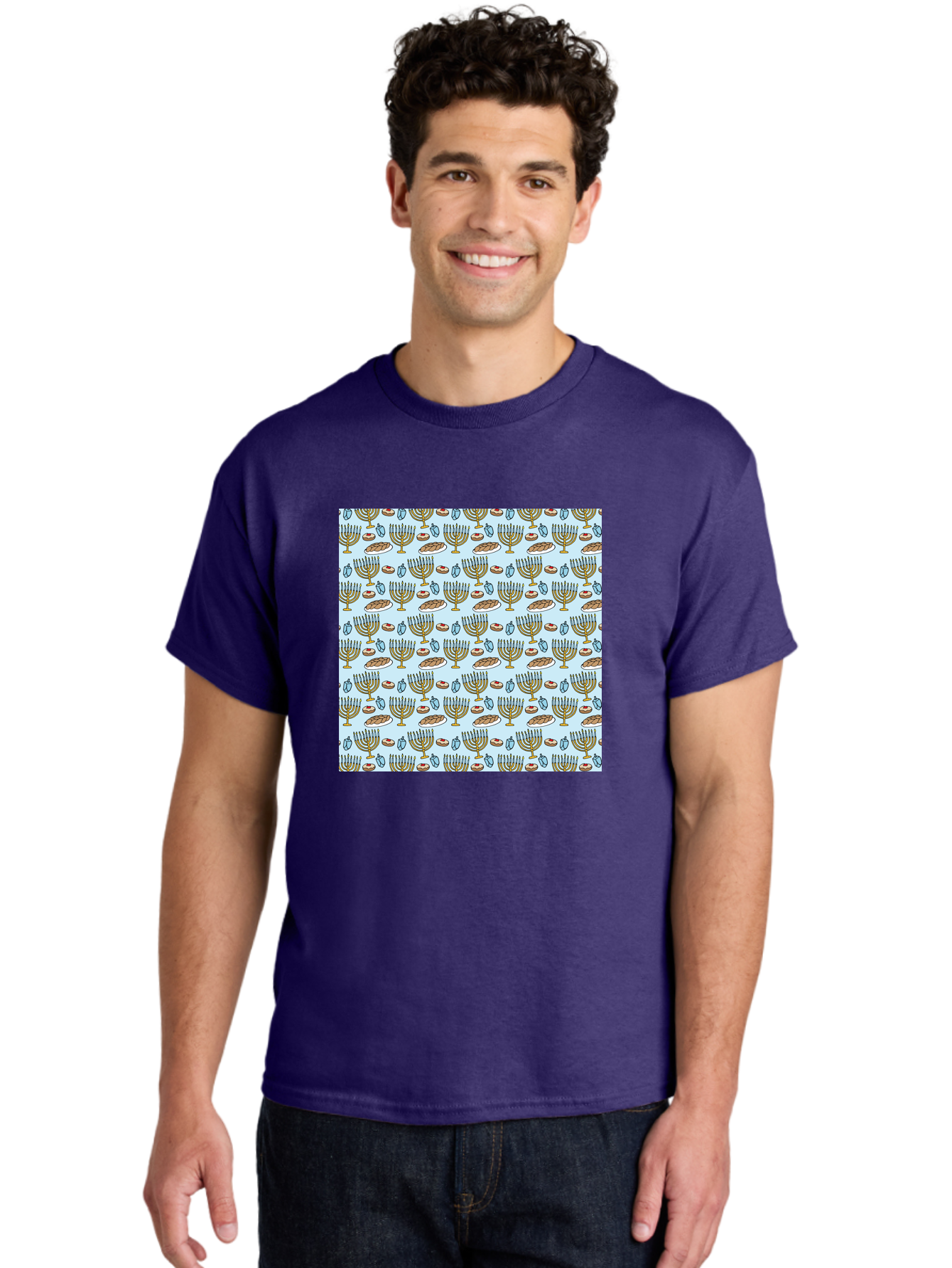 Menorah-Pattern Men'S Graphic Tee, 100% Cotton, Comfortable Casual Summer Wear, Machine Washable, Menorah, Hanukkah Symbols, Jewish Traditions, Festive Decorations, Traditional Jewish Symbols, Menorah Pattern, Hanukkah Decorations -  Aaa976