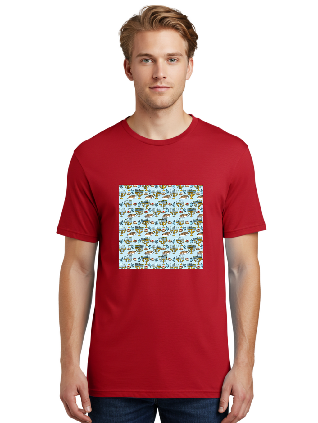 Menorah-Pattern Men'S Graphic Tee, 100% Cotton, Comfortable Casual Summer Wear, Machine Washable, Menorah, Hanukkah Symbols, Jewish Traditions, Festive Decorations, Traditional Jewish Symbols, Menorah Pattern, Hanukkah Decorations -  Aaa976