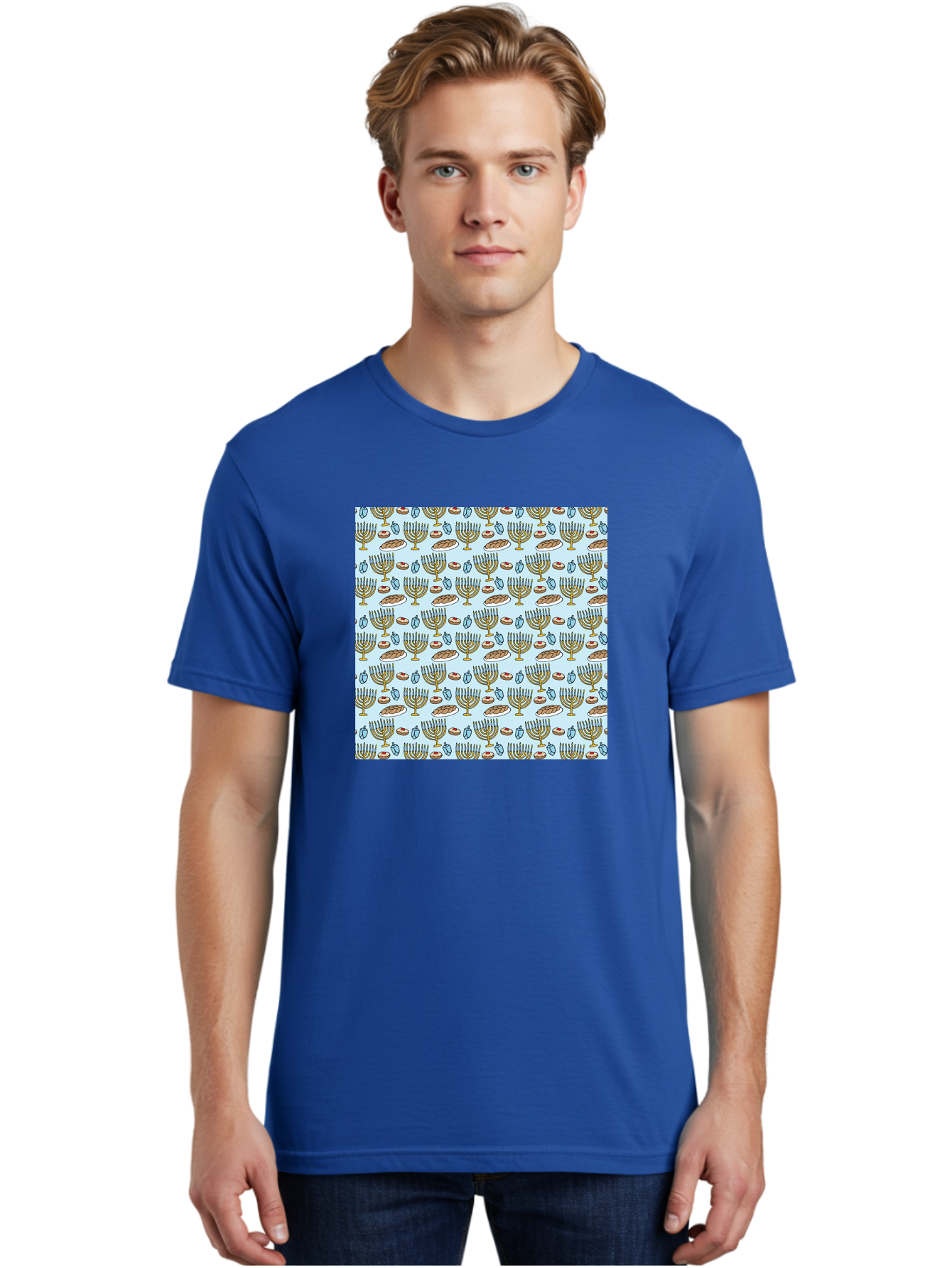 Menorah-Pattern Men'S Graphic Tee, 100% Cotton, Comfortable Casual Summer Wear, Machine Washable, Menorah, Hanukkah Symbols, Jewish Traditions, Festive Decorations, Traditional Jewish Symbols, Menorah Pattern, Hanukkah Decorations -  Aaa976