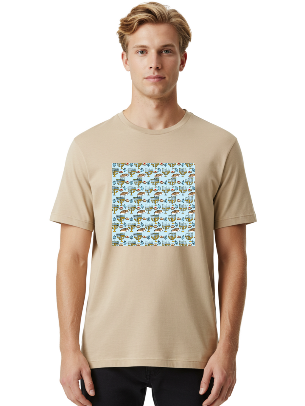 Menorah-Pattern Men'S Graphic Tee, 100% Cotton, Comfortable Casual Summer Wear, Machine Washable, Menorah, Hanukkah Symbols, Jewish Traditions, Festive Decorations, Traditional Jewish Symbols, Menorah Pattern, Hanukkah Decorations -  Aaa976