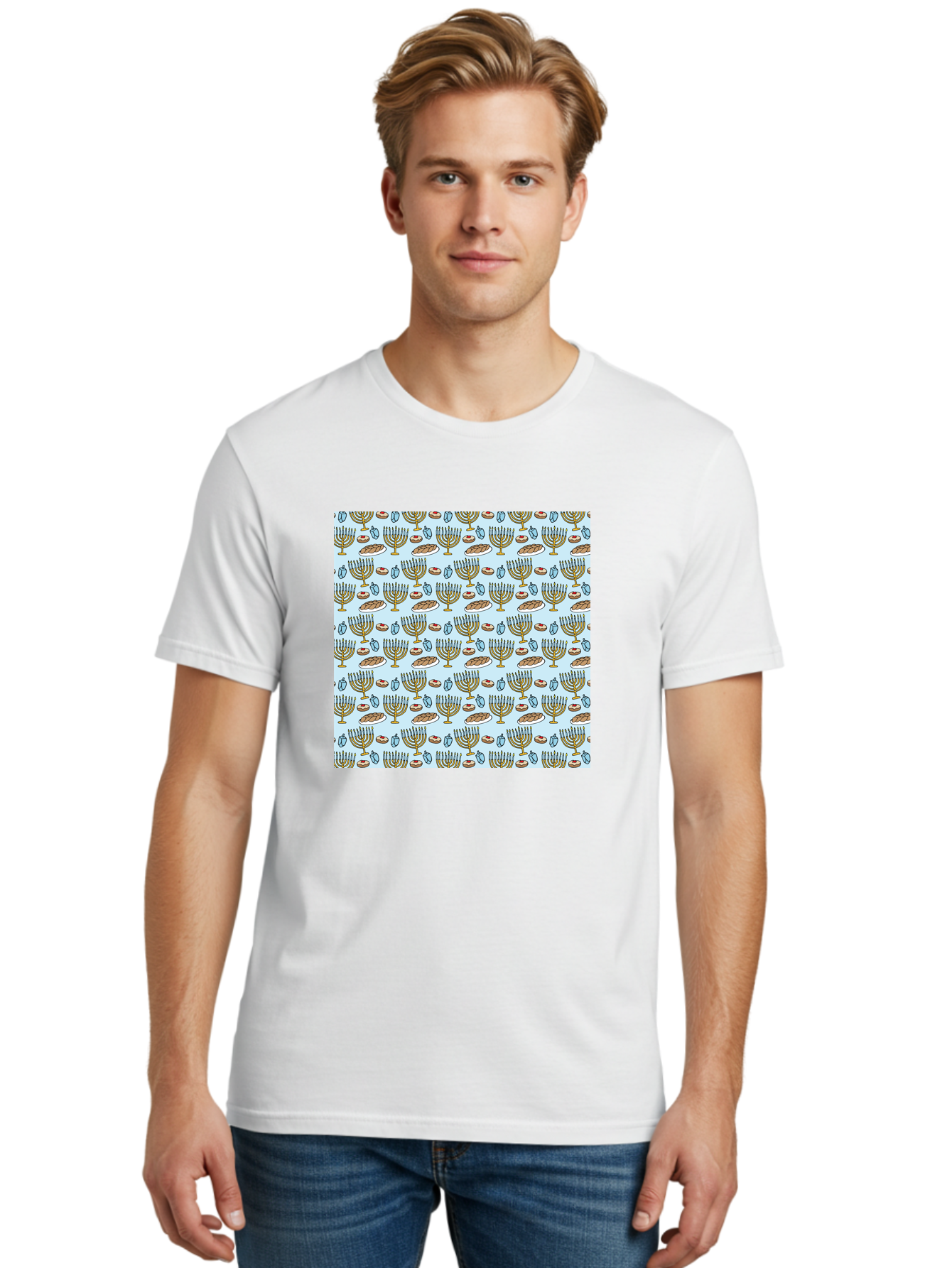 Menorah-Pattern Men'S Graphic Tee, 100% Cotton, Comfortable Casual Summer Wear, Machine Washable, Menorah, Hanukkah Symbols, Jewish Traditions, Festive Decorations, Traditional Jewish Symbols, Menorah Pattern, Hanukkah Decorations -  Aaa976