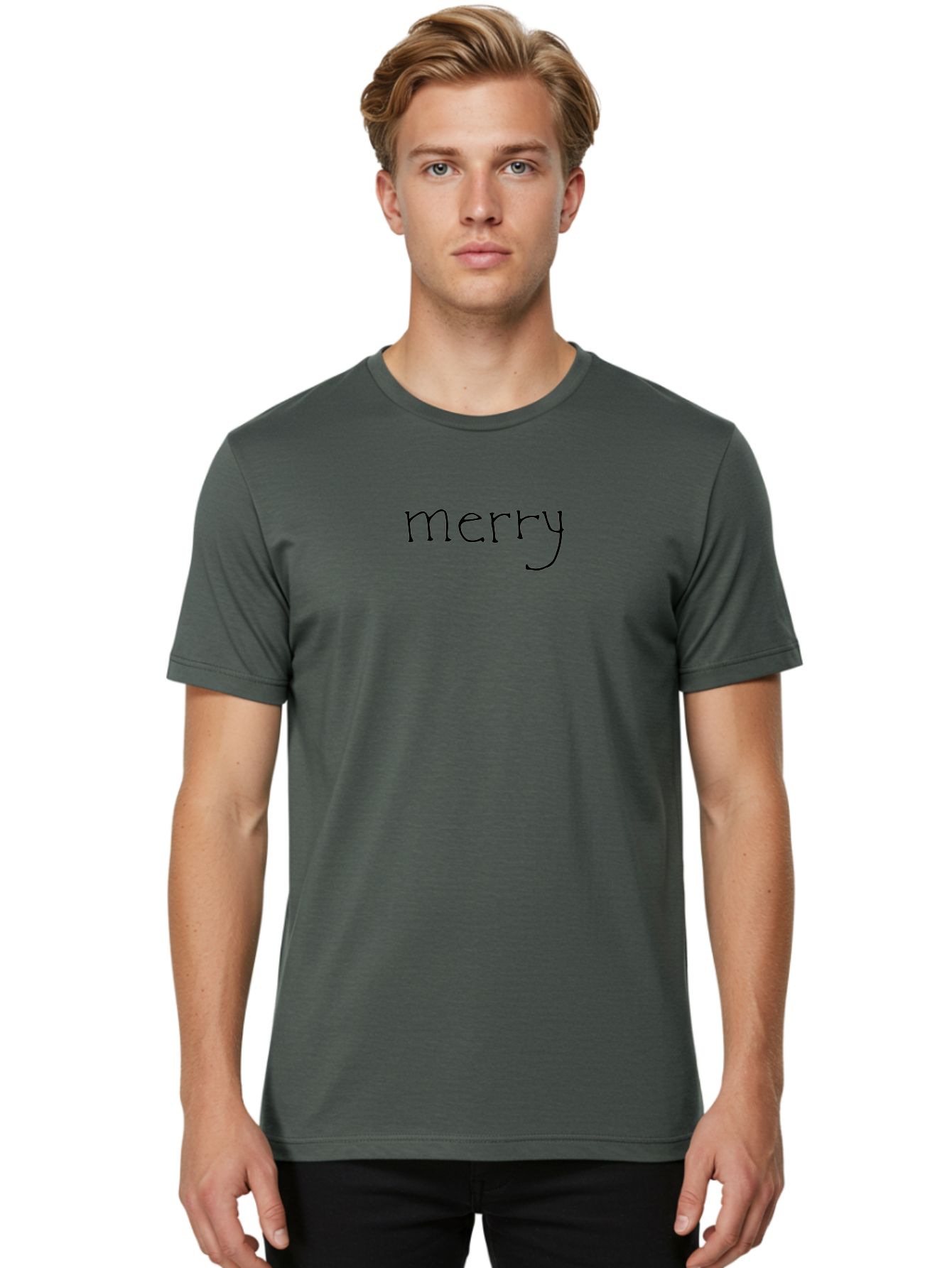 Merry-1 Men'S Graphic Tee, 100% Cotton, Comfortable Casual Summer Wear, Machine Washable, Holiday Greeting, Festive Typography, Merry Christmas, Black Font, Winter Season, Holiday Cheer, Christmas Wishes -  Aaa978