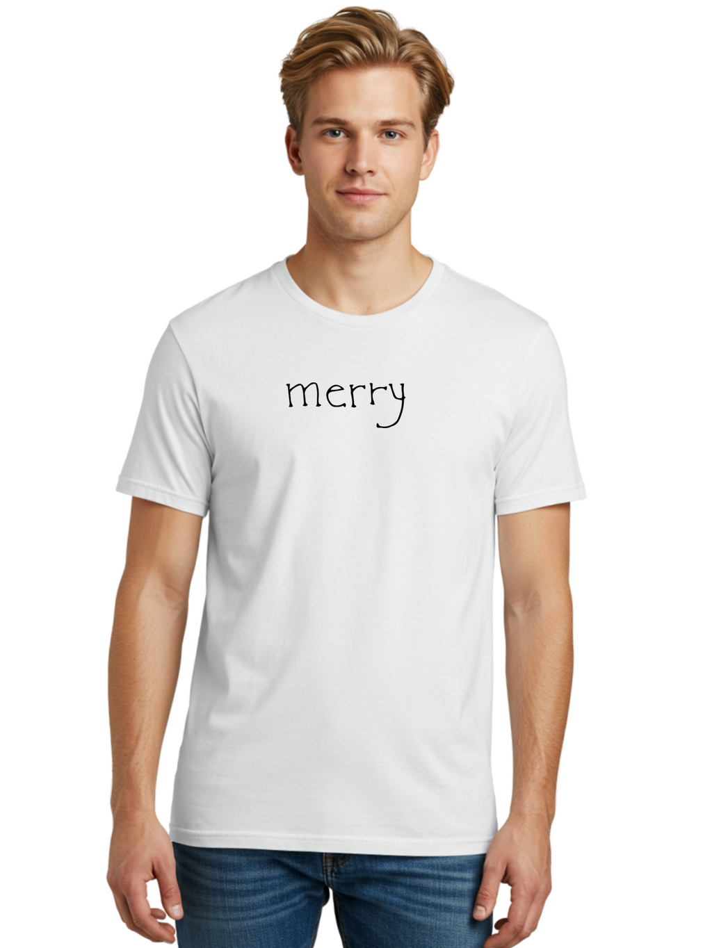 Merry-1 Men'S Graphic Tee, 100% Cotton, Comfortable Casual Summer Wear, Machine Washable, Holiday Greeting, Festive Typography, Merry Christmas, Black Font, Winter Season, Holiday Cheer, Christmas Wishes -  Aaa978