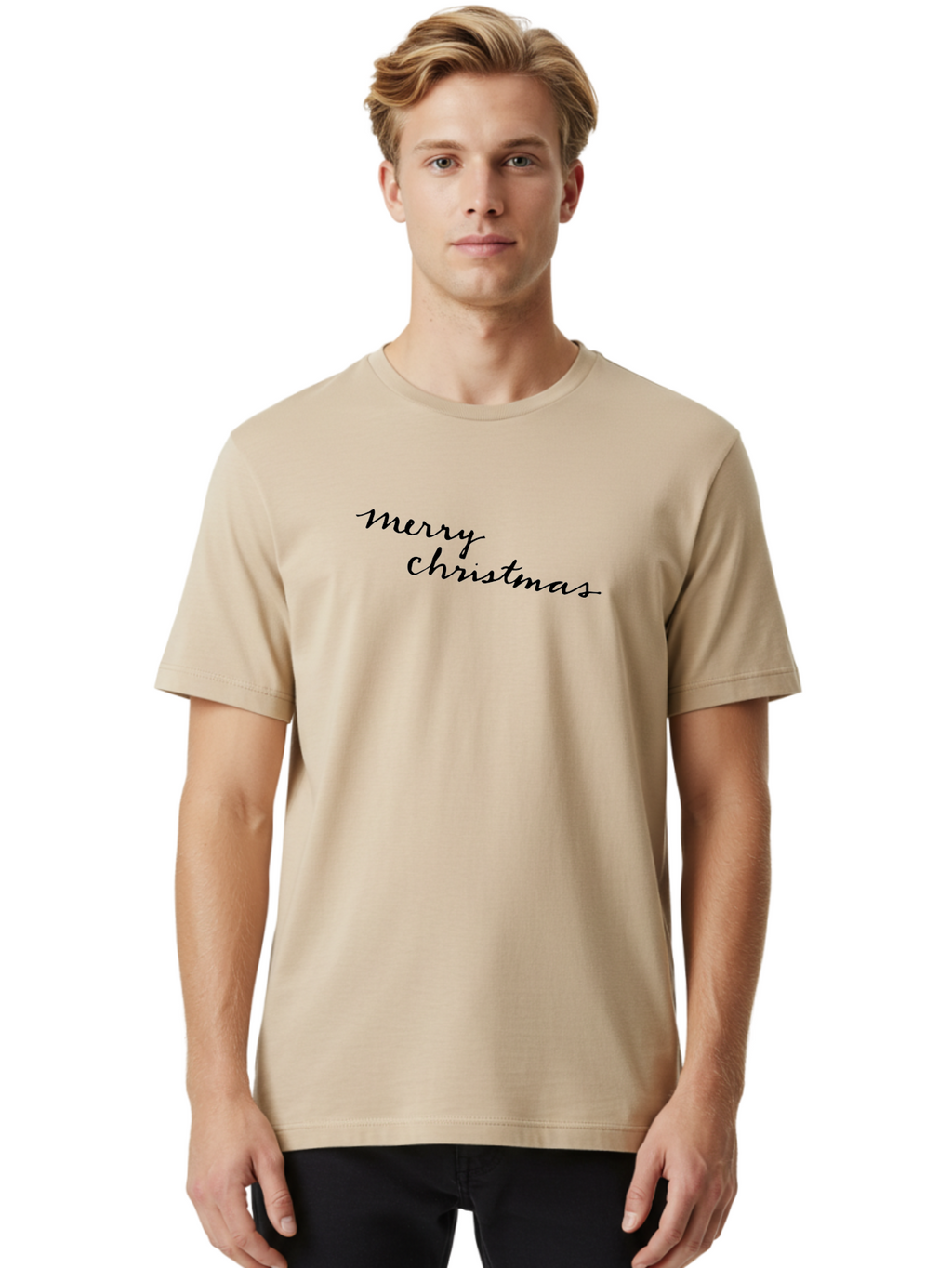 Merry-Christmas-3 Men'S Graphic Tee, 100% Cotton, Comfortable Casual Summer Wear, Machine Washable, Merry Christmas Greeting, Holiday Wishes, Festive Season, Christmas Message, Black Cursive Text, Winter Celebration, Holiday Cheer -  Aaa982