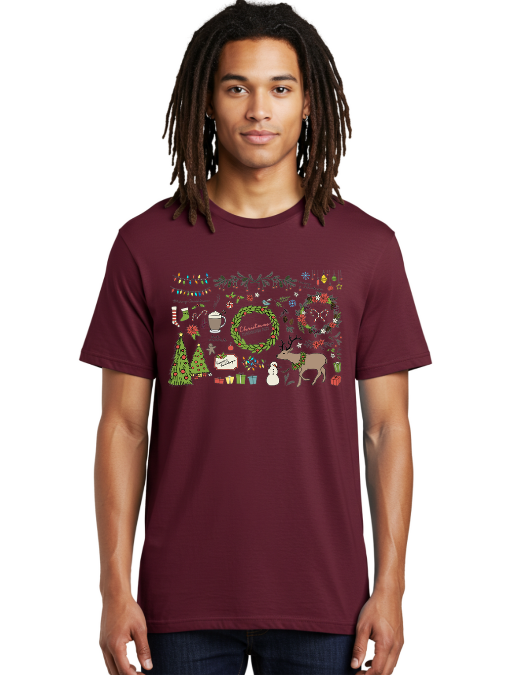 Merry-Christmas-Illustration-Pack Men'S Graphic Tee, 100% Cotton, Comfortable Casual Summer Wear, Machine Washable, Christmas Decoration, Festive Elements, Winter Wonderland, Holiday Illustrations, Christmas Tree, Reindeer, Snowman, -  Aaa989