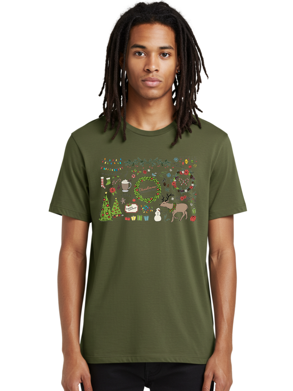 Merry-Christmas-Illustration-Pack Men'S Graphic Tee, 100% Cotton, Comfortable Casual Summer Wear, Machine Washable, Christmas Decoration, Festive Elements, Winter Wonderland, Holiday Illustrations, Christmas Tree, Reindeer, Snowman, -  Aaa989