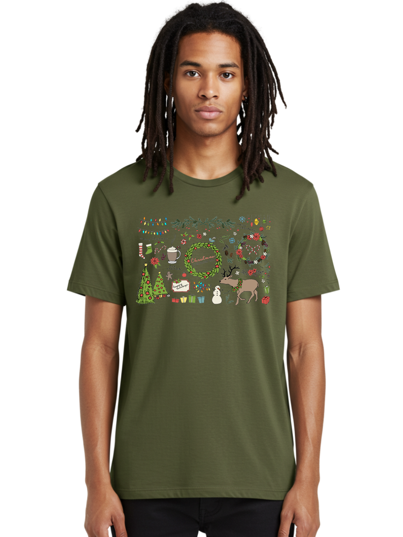 Merry-Christmas-Illustration-Pack Men'S Graphic Tee, 100% Cotton, Comfortable Casual Summer Wear, Machine Washable, Christmas Decoration, Festive Elements, Winter Wonderland, Holiday Illustrations, Christmas Tree, Reindeer, Snowman, -  Aaa989