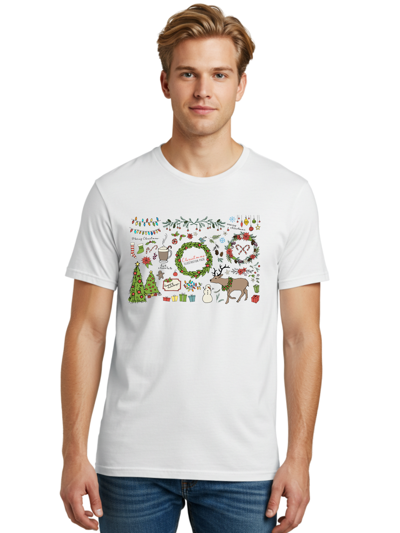 Merry-Christmas-Illustration-Pack Men'S Graphic Tee, 100% Cotton, Comfortable Casual Summer Wear, Machine Washable, Christmas Decoration, Festive Elements, Winter Wonderland, Holiday Illustrations, Christmas Tree, Reindeer, Snowman, -  Aaa989