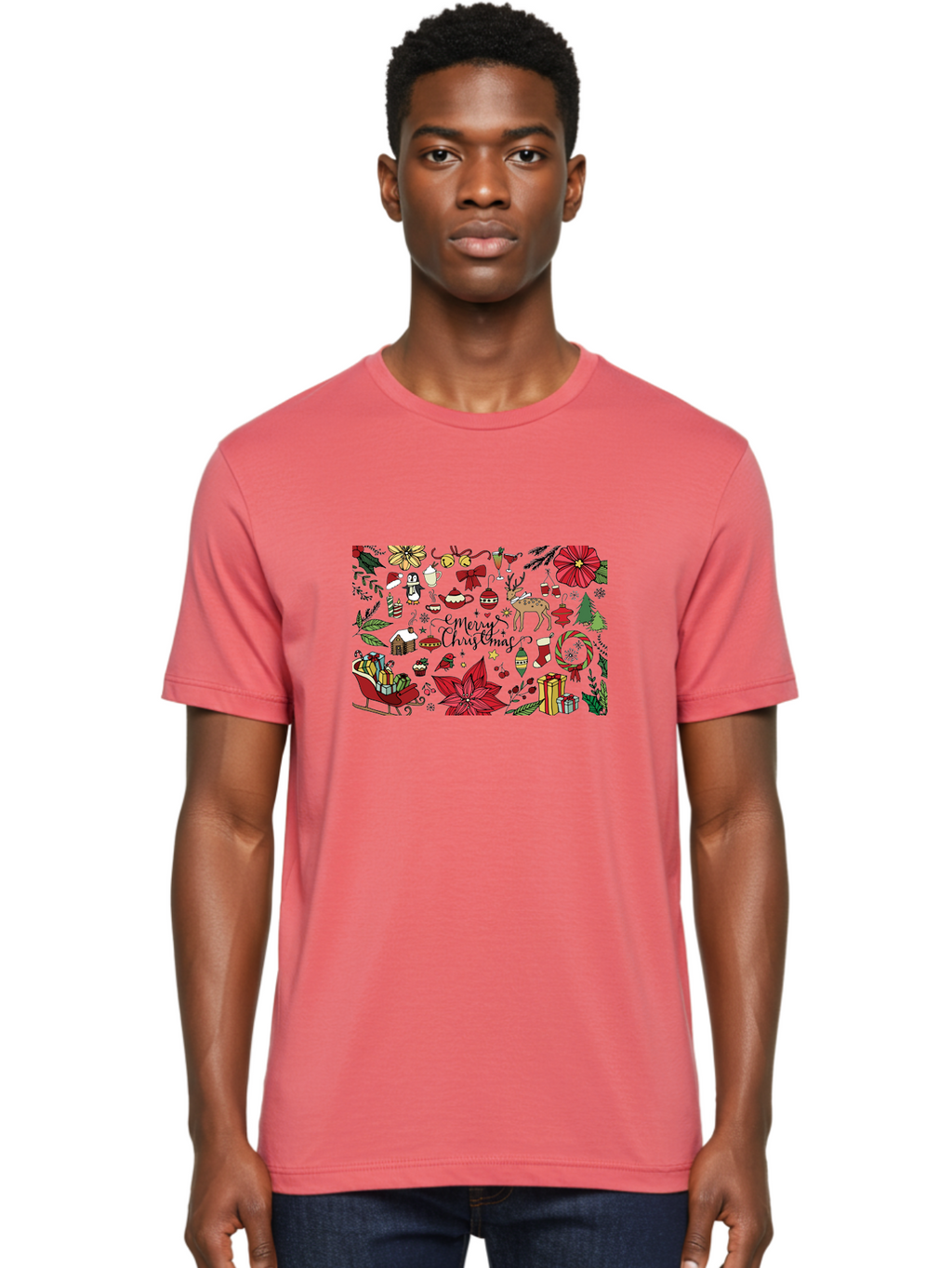 Merry-Christmas Men'S Graphic Tee, 100% Cotton, Comfortable Casual Summer Wear, Machine Washable, Merry Christmas, Holiday Elements, Festive Decorations, Red And Black Illustrations, Christmas Gifts, Sleigh, Reindeer, Poinsettia, -  Aaa990