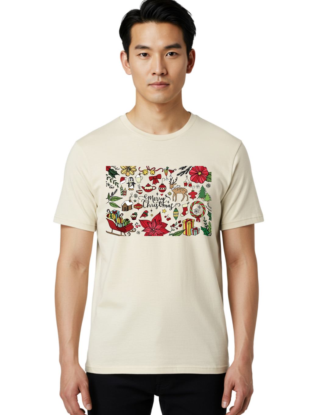 Merry-Christmas Men'S Graphic Tee, 100% Cotton, Comfortable Casual Summer Wear, Machine Washable, Merry Christmas, Holiday Elements, Festive Decorations, Red And Black Illustrations, Christmas Gifts, Sleigh, Reindeer, Poinsettia, -  Aaa990