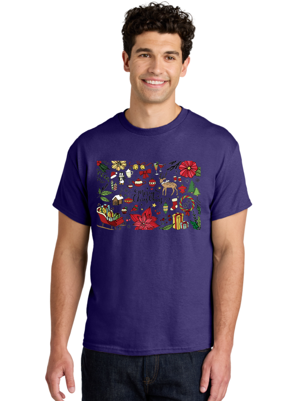 Merry-Christmas Men'S Graphic Tee, 100% Cotton, Comfortable Casual Summer Wear, Machine Washable, Merry Christmas, Holiday Elements, Festive Decorations, Red And Black Illustrations, Christmas Gifts, Sleigh, Reindeer, Poinsettia, -  Aaa990