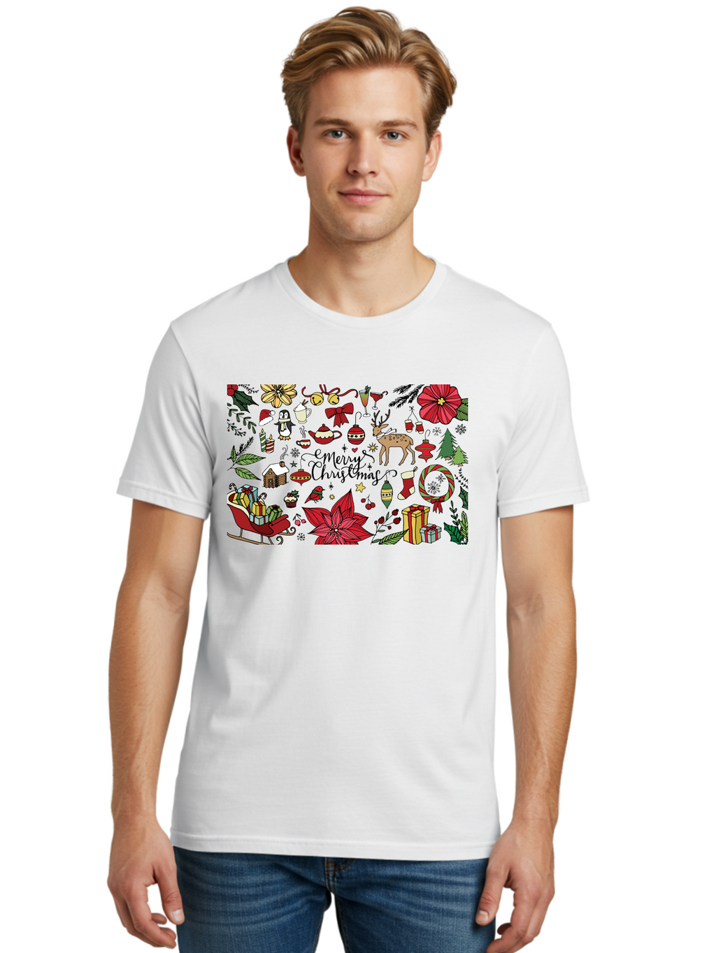 Merry-Christmas Men'S Graphic Tee, 100% Cotton, Comfortable Casual Summer Wear, Machine Washable, Merry Christmas, Holiday Elements, Festive Decorations, Red And Black Illustrations, Christmas Gifts, Sleigh, Reindeer, Poinsettia, -  Aaa990