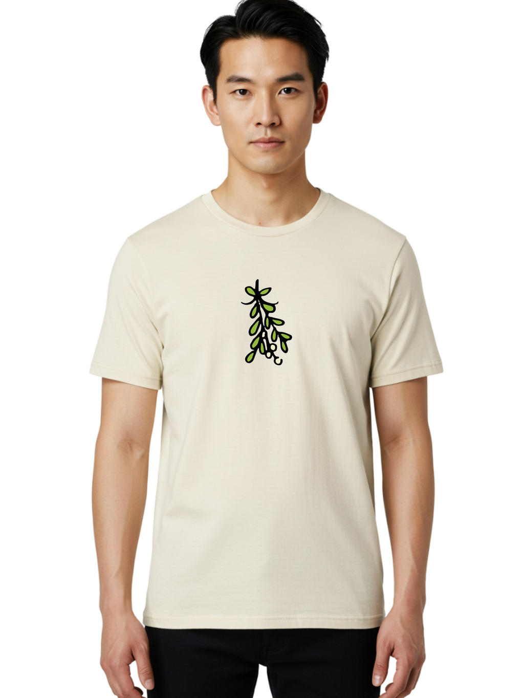 Mistletoe-2 Men'S Graphic Tee, 100% Cotton, Comfortable Casual Summer Wear, Machine Washable, Mistletoe Illustration, Cartoon Style, Festive Holiday Decoration, Christmas Tradition, Green Leaves, White Berries, Whimsical Art, -  Aaa995