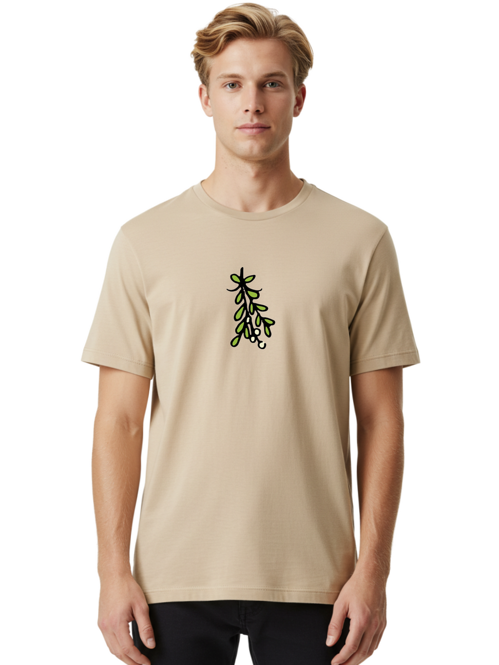 Mistletoe-2 Men'S Graphic Tee, 100% Cotton, Comfortable Casual Summer Wear, Machine Washable, Mistletoe Illustration, Cartoon Style, Festive Holiday Decoration, Christmas Tradition, Green Leaves, White Berries, Whimsical Art, -  Aaa995