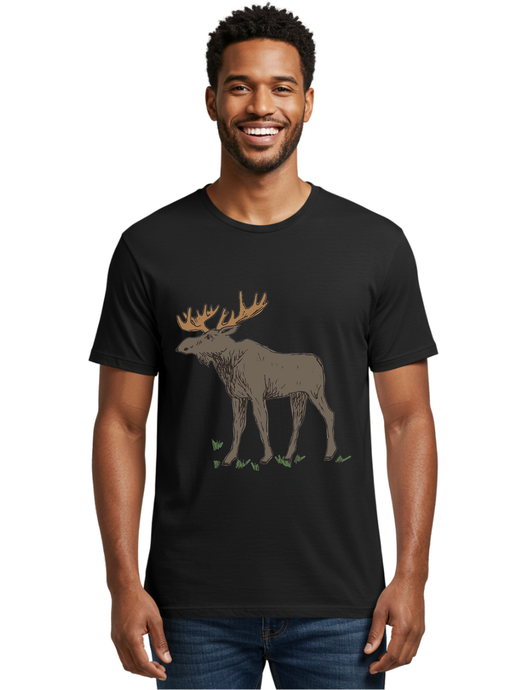 Moose-1 Men'S Graphic Tee, 100% Cotton, Comfortable Casual Summer Wear, Machine Washable, Illustration Of A Moose, Large Antlers, Wildlife, Animal Art, Cartoon Style, Wildlife Illustration, Mammal Drawing, Forest Creature, Nature Graphic -  Aaa997