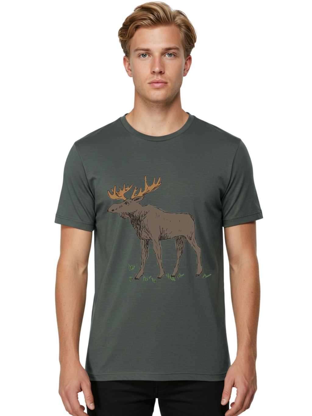 Moose-1 Men'S Graphic Tee, 100% Cotton, Comfortable Casual Summer Wear, Machine Washable, Illustration Of A Moose, Large Antlers, Wildlife, Animal Art, Cartoon Style, Wildlife Illustration, Mammal Drawing, Forest Creature, Nature Graphic -  Aaa997