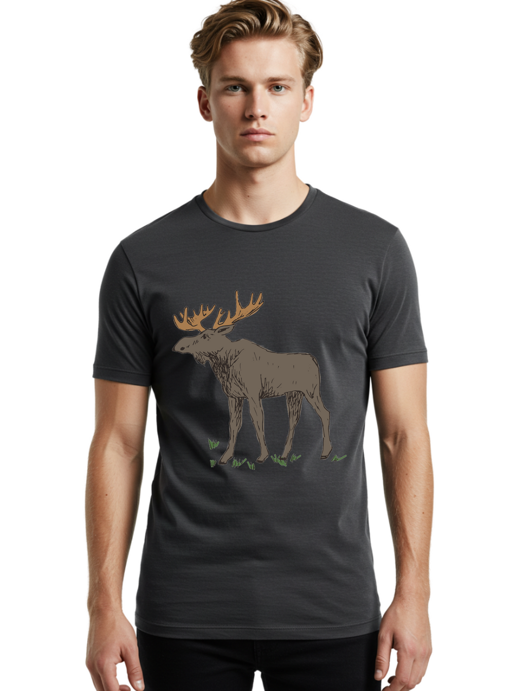 Moose-1 Men'S Graphic Tee, 100% Cotton, Comfortable Casual Summer Wear, Machine Washable, Illustration Of A Moose, Large Antlers, Wildlife, Animal Art, Cartoon Style, Wildlife Illustration, Mammal Drawing, Forest Creature, Nature Graphic -  Aaa997