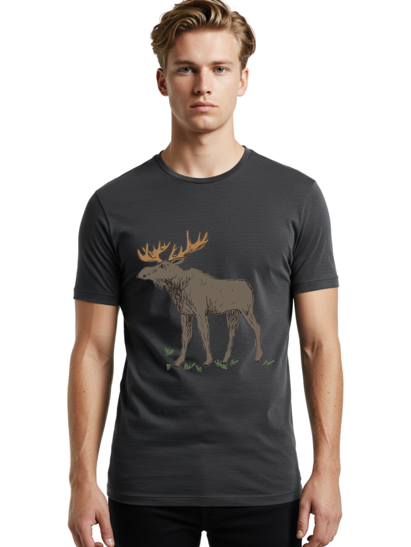 Moose-1 Men'S Graphic Tee, 100% Cotton, Comfortable Casual Summer Wear, Machine Washable, Illustration Of A Moose, Large Antlers, Wildlife, Animal Art, Cartoon Style, Wildlife Illustration, Mammal Drawing, Forest Creature, Nature Graphic -  Aaa997