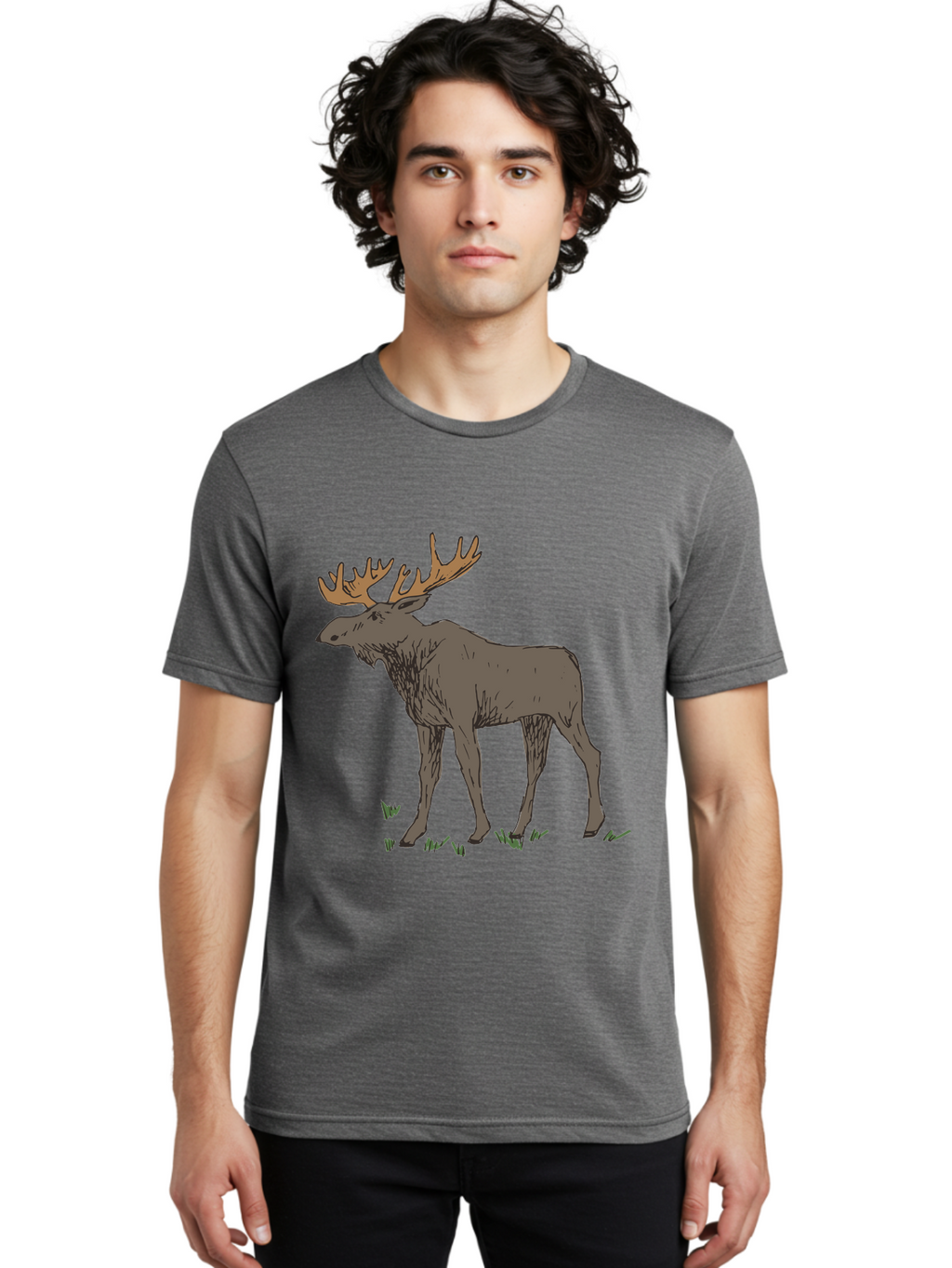 Moose-1 Men'S Graphic Tee, 100% Cotton, Comfortable Casual Summer Wear, Machine Washable, Illustration Of A Moose, Large Antlers, Wildlife, Animal Art, Cartoon Style, Wildlife Illustration, Mammal Drawing, Forest Creature, Nature Graphic -  Aaa997
