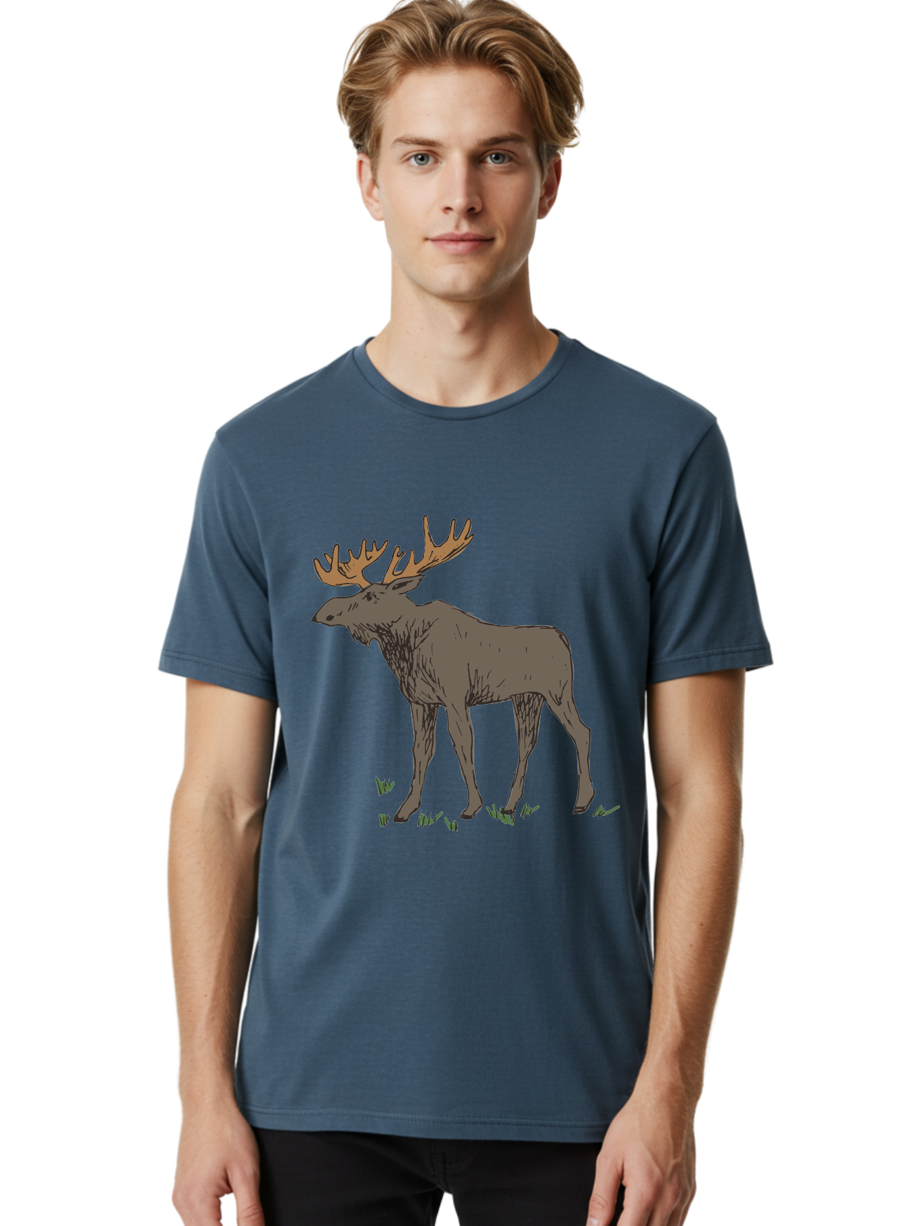 Moose-1 Men'S Graphic Tee, 100% Cotton, Comfortable Casual Summer Wear, Machine Washable, Illustration Of A Moose, Large Antlers, Wildlife, Animal Art, Cartoon Style, Wildlife Illustration, Mammal Drawing, Forest Creature, Nature Graphic -  Aaa997