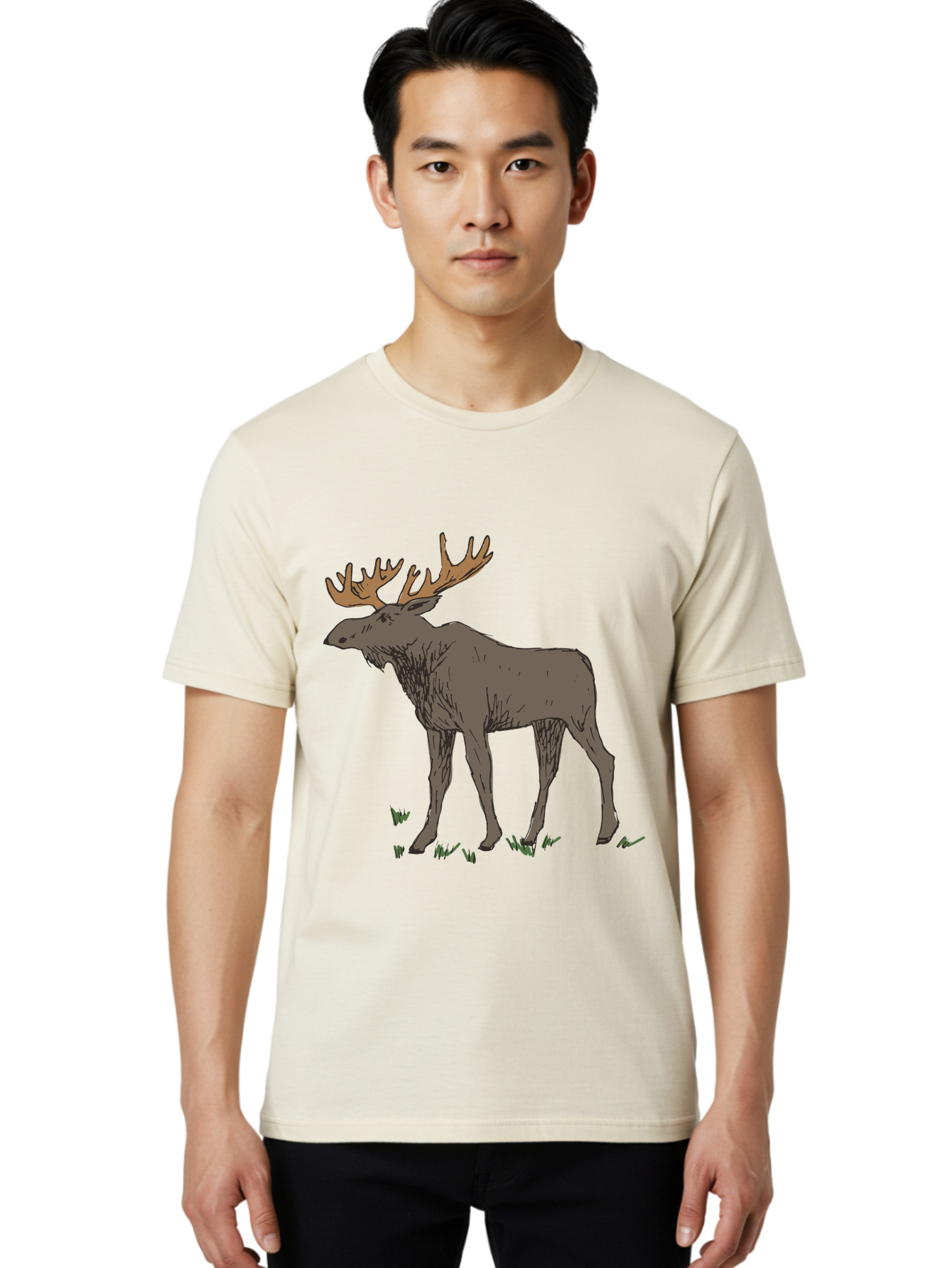 Moose-1 Men'S Graphic Tee, 100% Cotton, Comfortable Casual Summer Wear, Machine Washable, Illustration Of A Moose, Large Antlers, Wildlife, Animal Art, Cartoon Style, Wildlife Illustration, Mammal Drawing, Forest Creature, Nature Graphic -  Aaa997