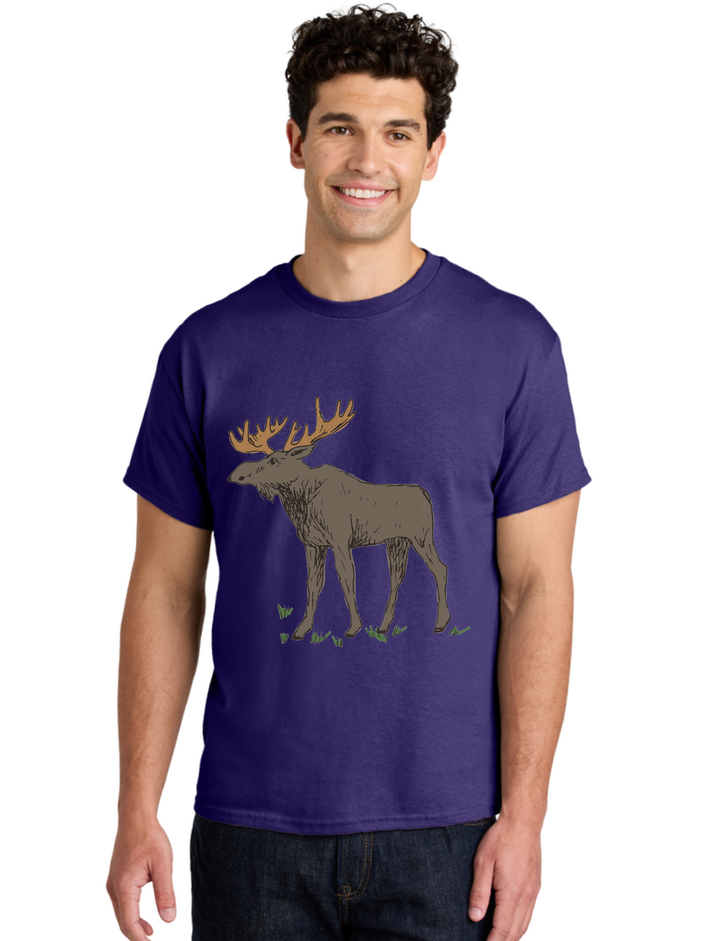Moose-1 Men'S Graphic Tee, 100% Cotton, Comfortable Casual Summer Wear, Machine Washable, Illustration Of A Moose, Large Antlers, Wildlife, Animal Art, Cartoon Style, Wildlife Illustration, Mammal Drawing, Forest Creature, Nature Graphic -  Aaa997