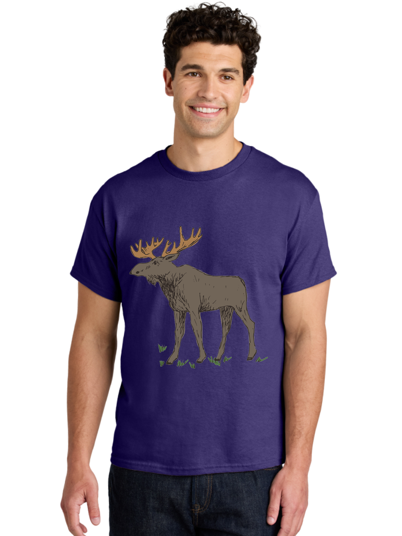 Moose-1 Men'S Graphic Tee, 100% Cotton, Comfortable Casual Summer Wear, Machine Washable, Illustration Of A Moose, Large Antlers, Wildlife, Animal Art, Cartoon Style, Wildlife Illustration, Mammal Drawing, Forest Creature, Nature Graphic -  Aaa997