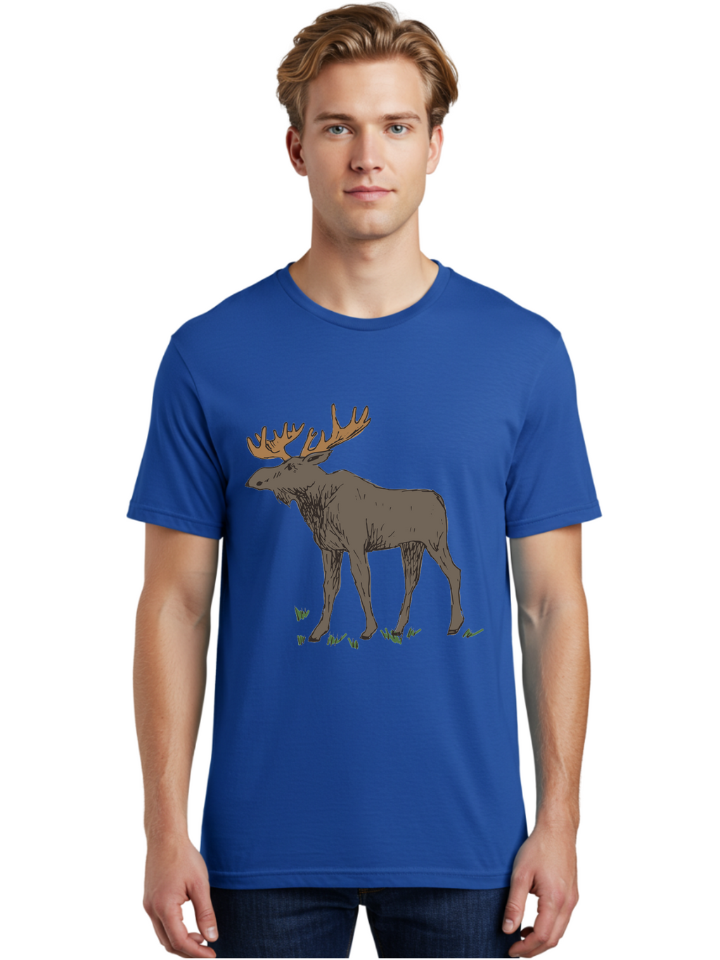 Moose-1 Men'S Graphic Tee, 100% Cotton, Comfortable Casual Summer Wear, Machine Washable, Illustration Of A Moose, Large Antlers, Wildlife, Animal Art, Cartoon Style, Wildlife Illustration, Mammal Drawing, Forest Creature, Nature Graphic -  Aaa997