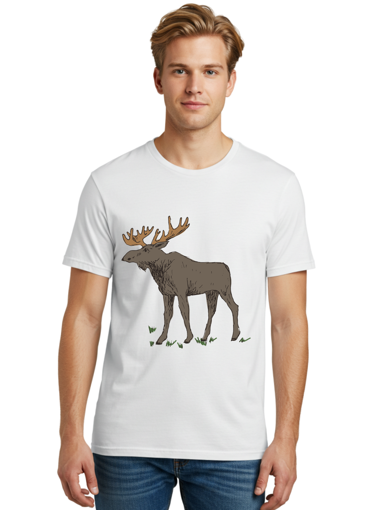 Moose-1 Men'S Graphic Tee, 100% Cotton, Comfortable Casual Summer Wear, Machine Washable, Illustration Of A Moose, Large Antlers, Wildlife, Animal Art, Cartoon Style, Wildlife Illustration, Mammal Drawing, Forest Creature, Nature Graphic -  Aaa997