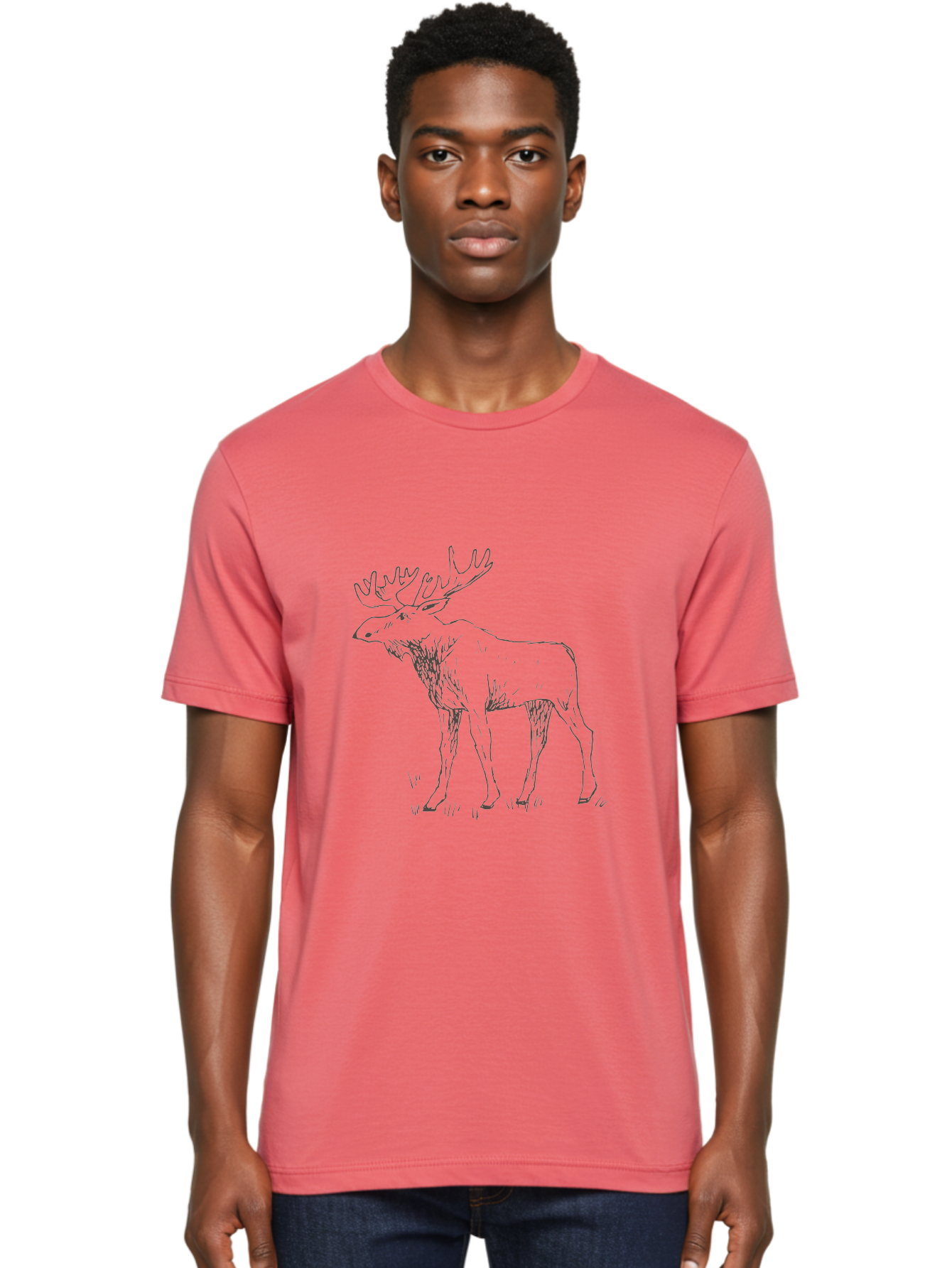 Moose Men'S Graphic Tee, 100% Cotton, Comfortable Casual Summer Wear, Machine Washable, Majestic Elk, Large Antlers, Wildlife Illustration, Grassy Terrain, Animal Portrait, Wildlife Art, Natural Habitat, Forest Dwelling -  Aaa998