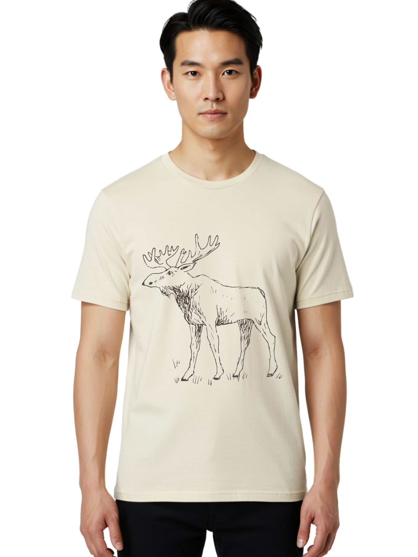 Moose Men'S Graphic Tee, 100% Cotton, Comfortable Casual Summer Wear, Machine Washable, Majestic Elk, Large Antlers, Wildlife Illustration, Grassy Terrain, Animal Portrait, Wildlife Art, Natural Habitat, Forest Dwelling -  Aaa998