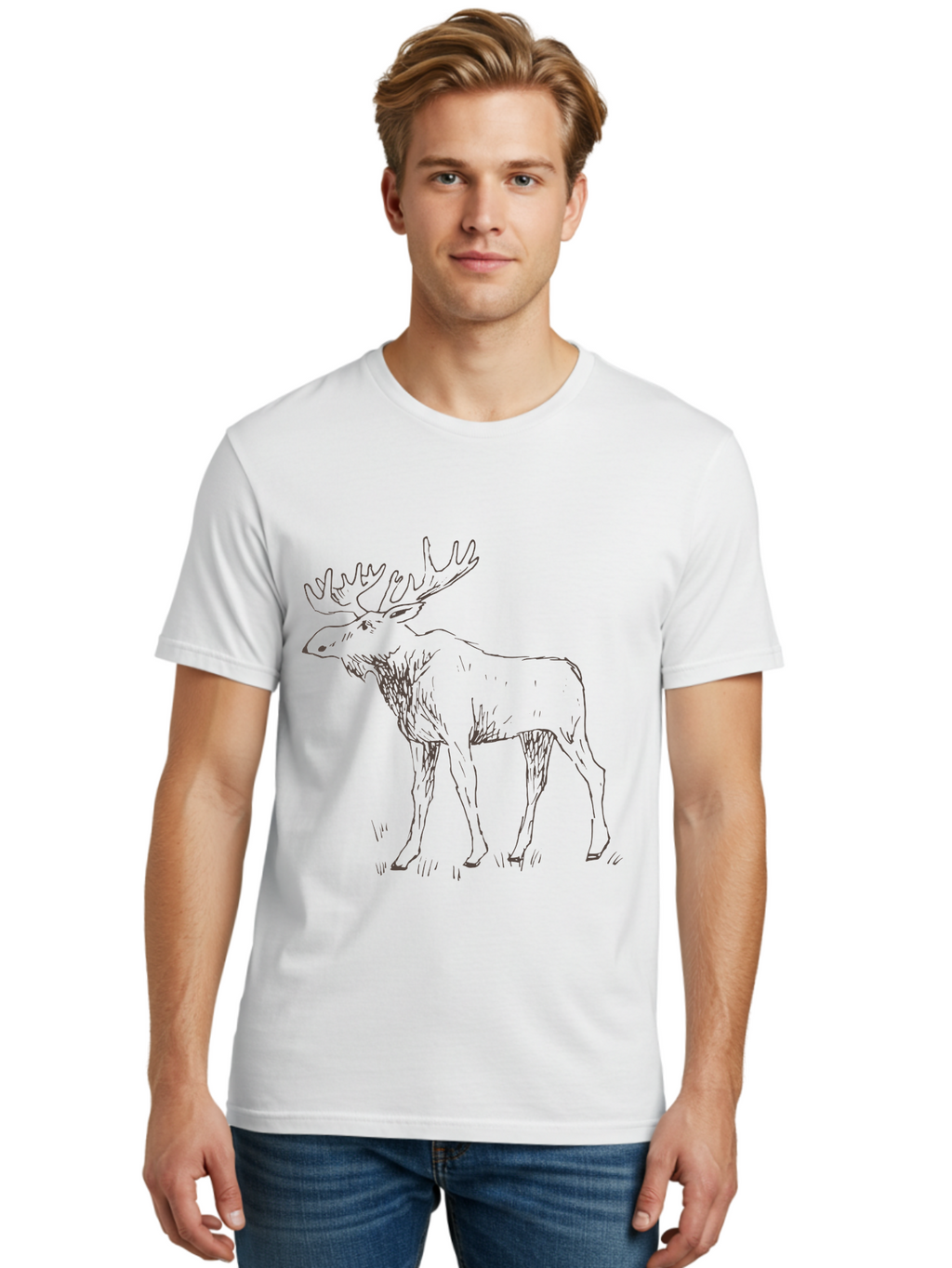 Moose Men'S Graphic Tee, 100% Cotton, Comfortable Casual Summer Wear, Machine Washable, Majestic Elk, Large Antlers, Wildlife Illustration, Grassy Terrain, Animal Portrait, Wildlife Art, Natural Habitat, Forest Dwelling -  Aaa998