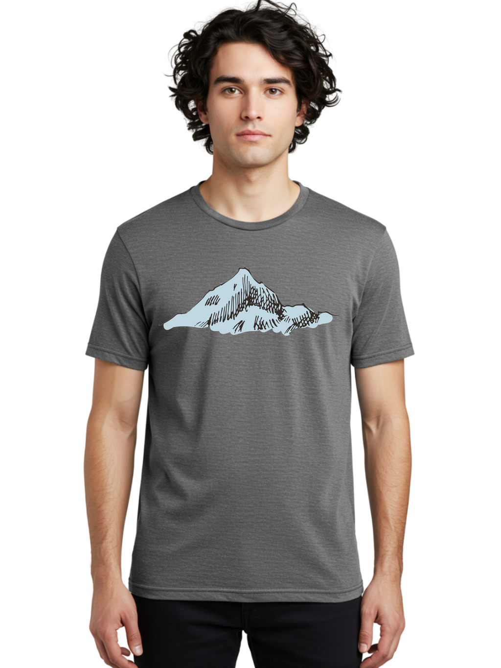 Mountain-Landscape Men'S Graphic Tee, 100% Cotton, Comfortable Casual Summer Wear, Machine Washable, Cartoon Mountain, Sketch Art, Black Lines, Simple Design, Minimalist Style, White Mountain Peak, Abstract Landscape, Illustration Aaa999