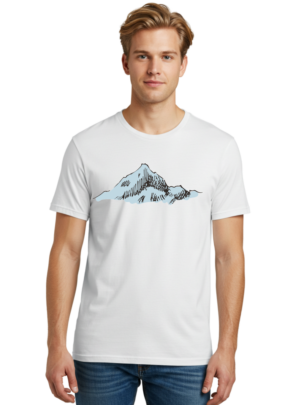 Mountain-Landscape Men'S Graphic Tee, 100% Cotton, Comfortable Casual Summer Wear, Machine Washable, Cartoon Mountain, Sketch Art, Black Lines, Simple Design, Minimalist Style, White Mountain Peak, Abstract Landscape, Illustration Aaa999
