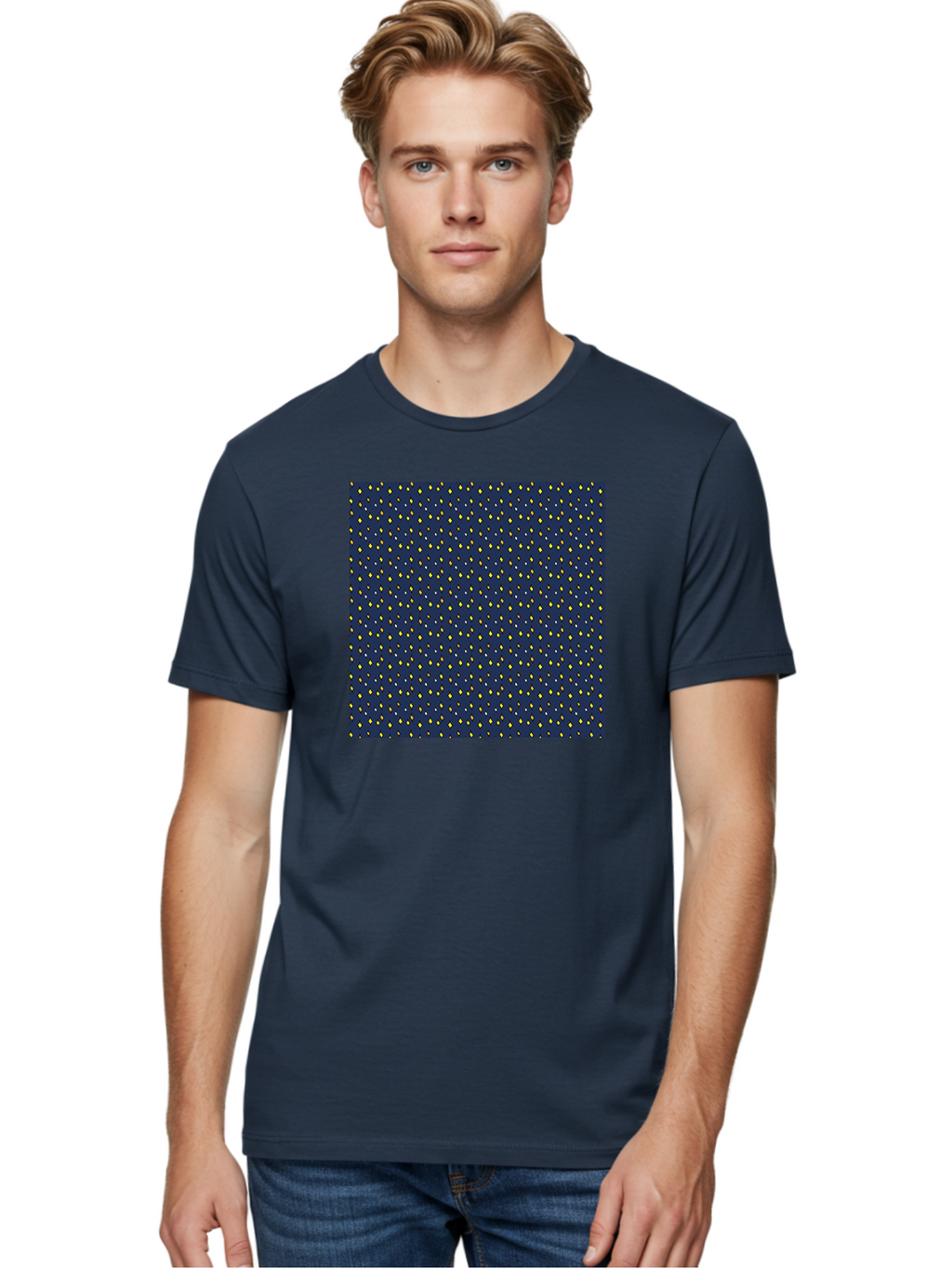 Navy-Blue-Dots Men'S Graphic Tee, 100% Cotton, Comfortable Casual Summer Wear, Machine Washable, Navy Blue Background, Yellow Diamonds, White Accents, Geometric Pattern, Abstract Design, Repeating Motif, Minimalist Style, Wallpaper Texture Aab003