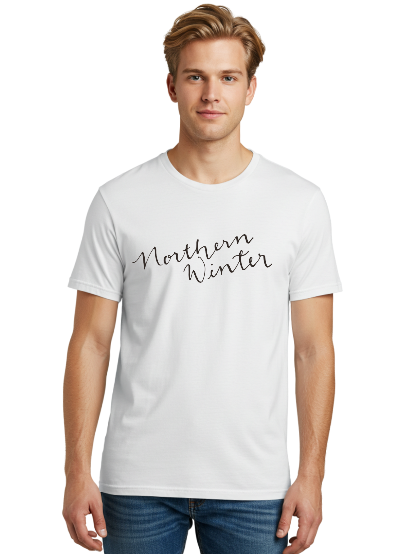 Northern-Winter-2 Men'S Graphic Tee, 100% Cotton, Comfortable Casual Summer Wear, Machine Washable, Northern Winter, Winter Season, Seasonal Theme, Cursive Text, Black Script, Frosty Feel, Cold Weather, Winter Vibes Aab013