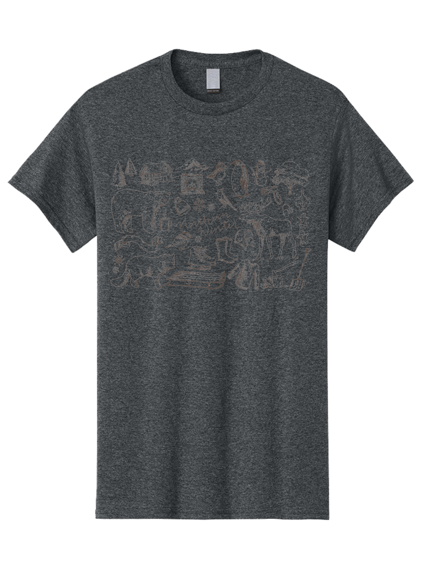 Northern-Winter Men'S Graphic Tee, 100% Cotton, Comfortable Casual Summer Wear, Machine Washable, Winter Scene, Northern Wildlife, Polar Bears, Penguins, Deer, Snowflakes, Cozy Cabin, Fireplace, Warm Clothing, Winter Boots, Snowy Trees, Aab014