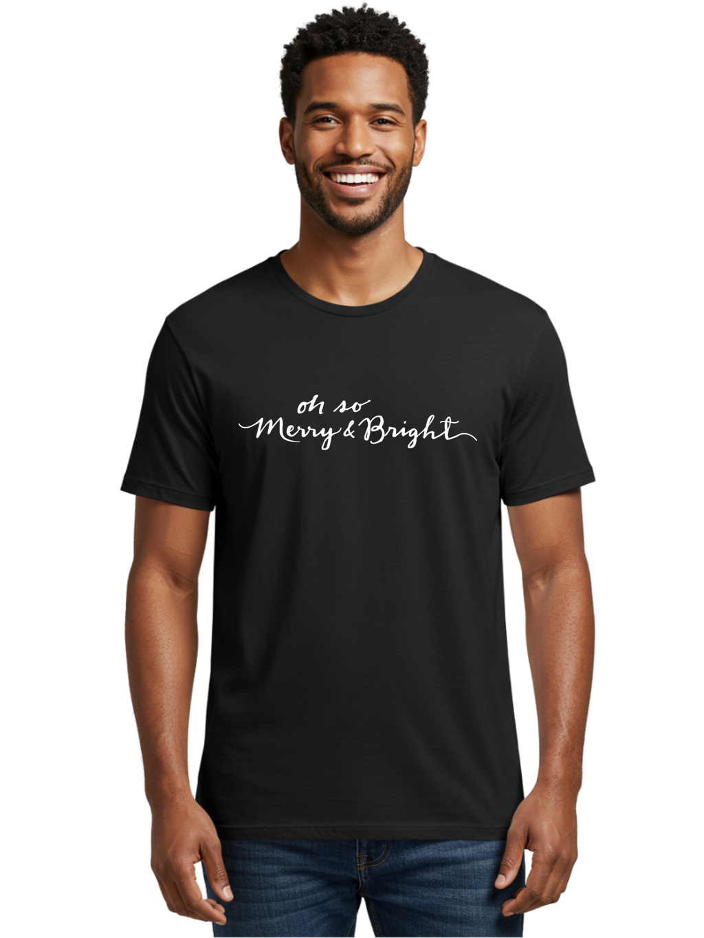 Oh-So-Merry-Bright Men'S Graphic Tee, 100% Cotton, Comfortable Casual Summer Wear, Machine Washable, Christmas Greeting, Holiday Card, Festive Wishes, Merry Christmas, Joyful Holiday, Season'S Greetings, White Cursive Text Aab017