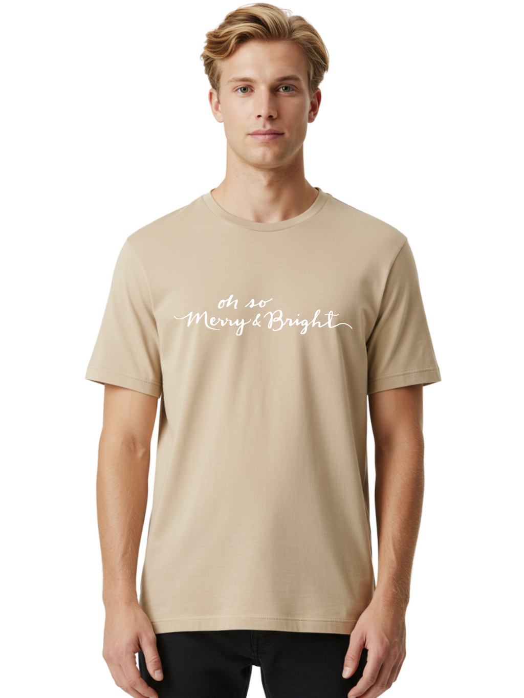 Oh-So-Merry-Bright Men'S Graphic Tee, 100% Cotton, Comfortable Casual Summer Wear, Machine Washable, Christmas Greeting, Holiday Card, Festive Wishes, Merry Christmas, Joyful Holiday, Season'S Greetings, White Cursive Text Aab017
