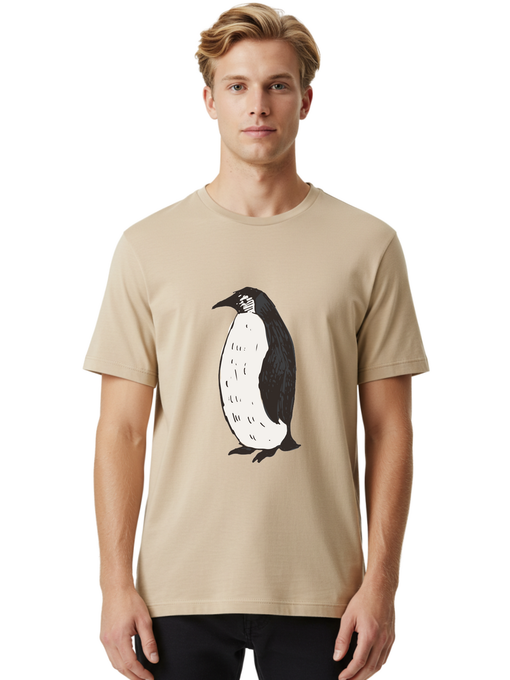 Penguin-1 Men'S Graphic Tee, 100% Cotton, Comfortable Casual Summer Wear, Machine Washable, Penguin Illustration, Black And White Penguin, Cartoon Penguin, Simple Drawing, Cute Bird, Wildlife Art, Tuxedo Bird, Flightless Bird, Antarctic Animal Aab031